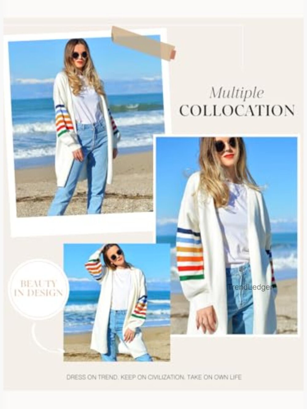 Striped Color Block Open Front Knit Cardigan Long Sleeve Lightweight - Picture 5 of 7
